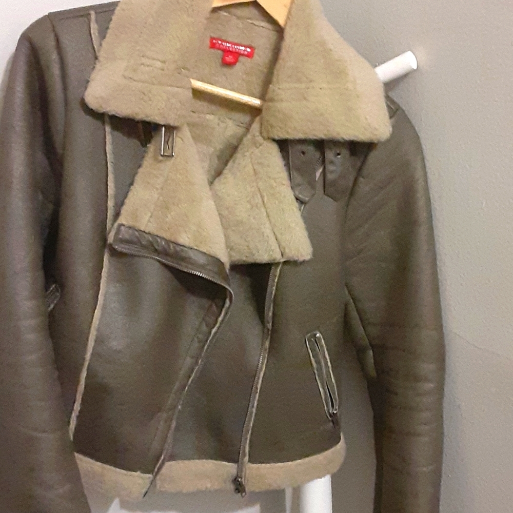 Faux leather sherling jacket with faux fur inside